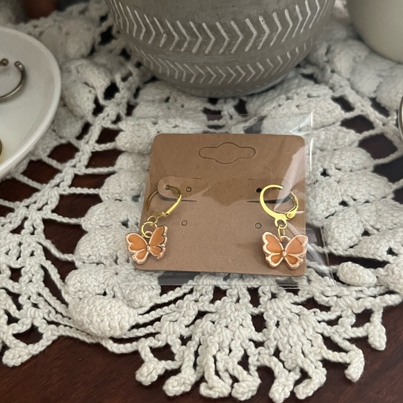 *3 for $20* Orange and Gold Enamel Butterfly Huggie Hoop Earrings - Picture 1 of 5